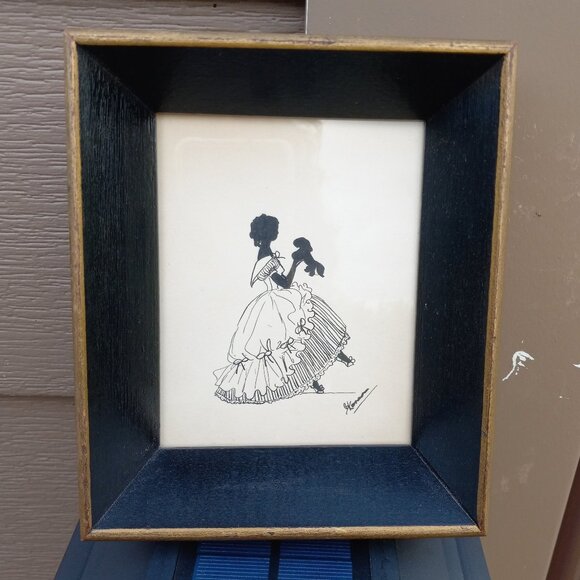Vintage Woman Holding Dog and Couple Dancing Silhouettes Framed Wall Art Signed - Picture 5 of 16